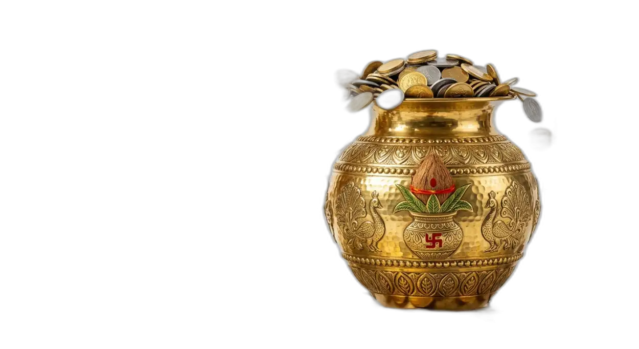 Free Download Decorated Golden Kalash With Coins Png Hd - High Quality Golden Puja Kalash With Gold Coins Png Transparent PNG