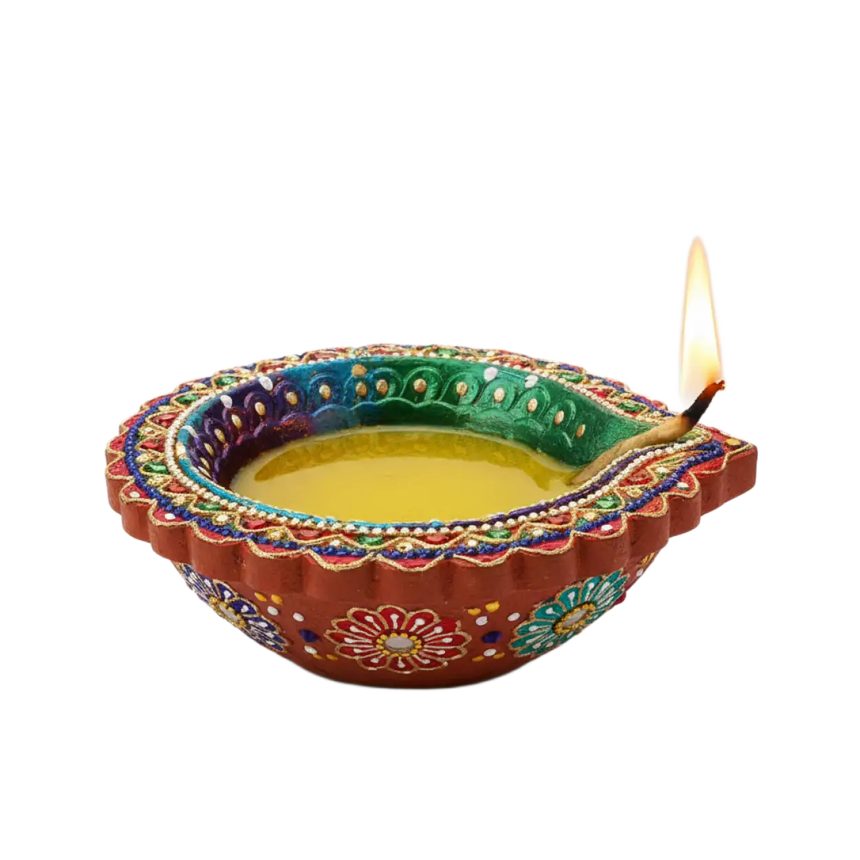 decorative diwali diya png with rangoli and lights