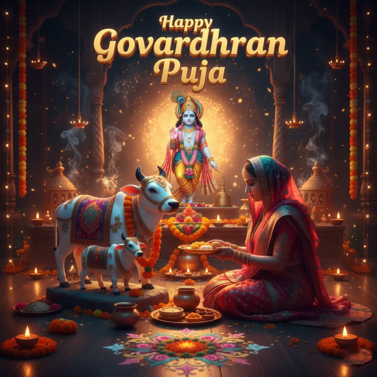 Devotees offering milk and sweets to cow idols