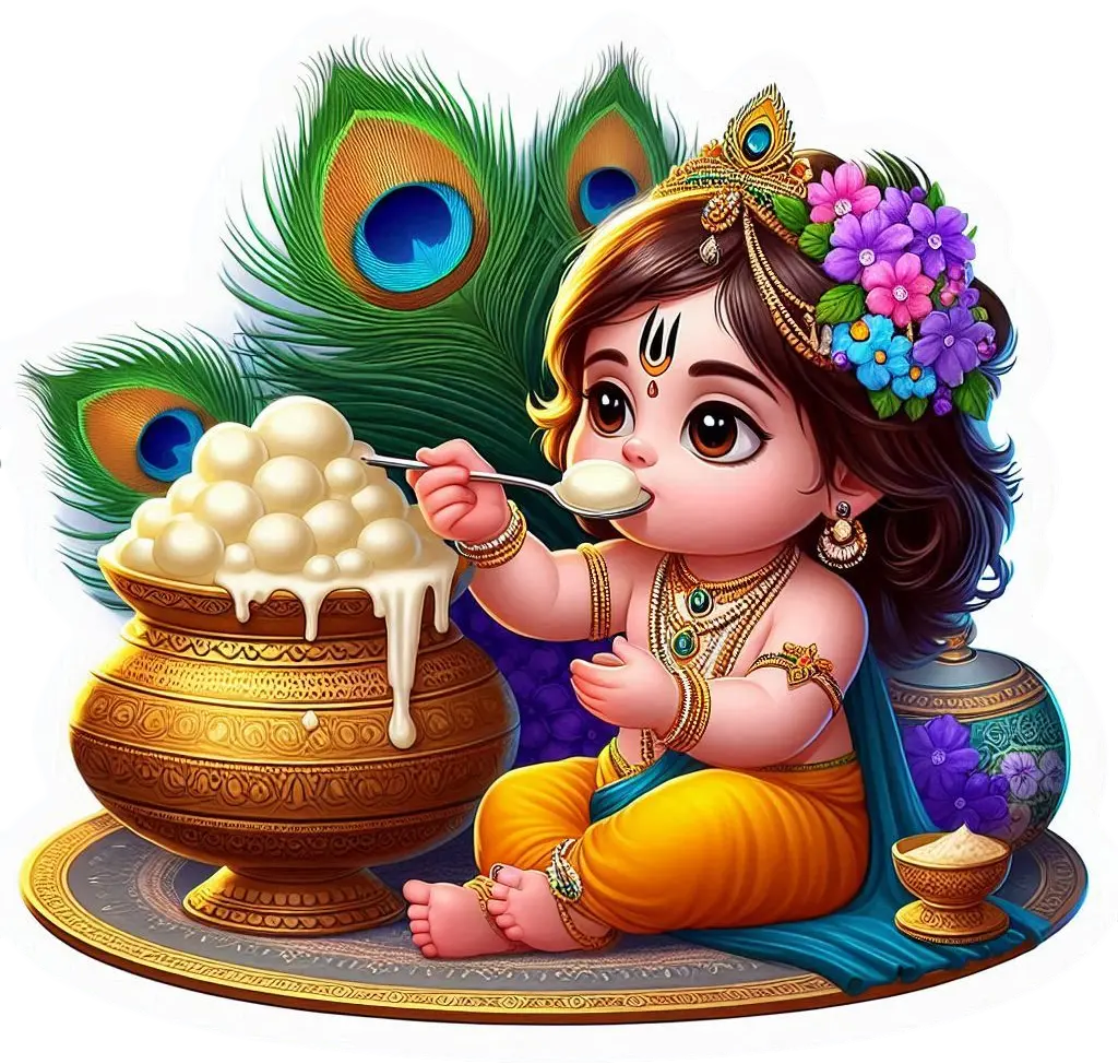 download happy krishna janmashtami png with flute peacock feather and baby krishna eating butter designs