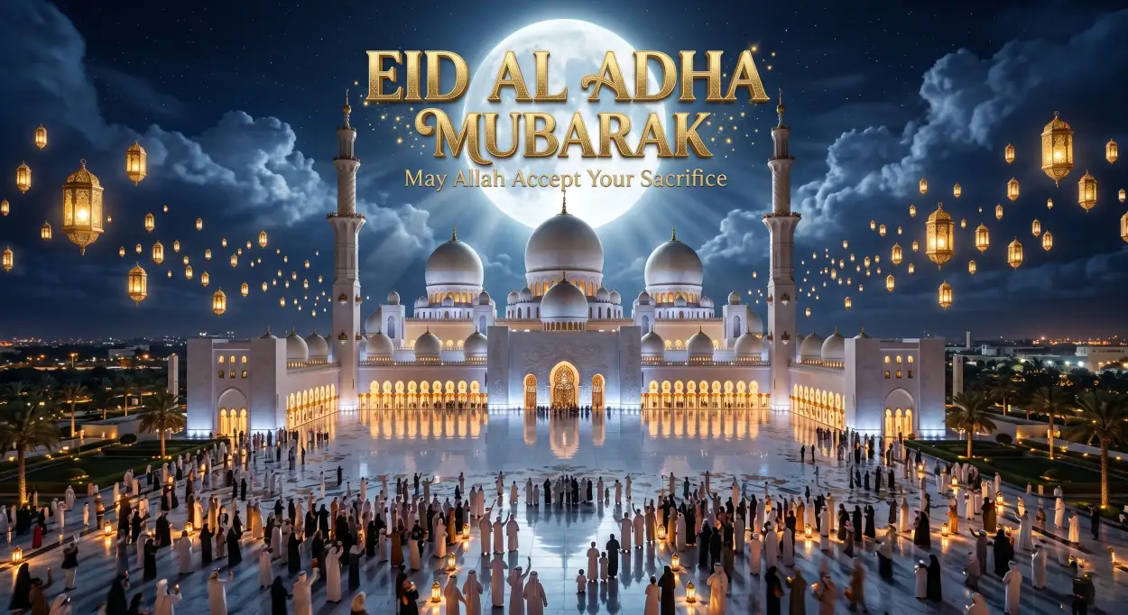 Free Download Eid Al Adha Greeting Card English Text 2026 - High Quality Eid Al Adha Greeting Card 2026 Image