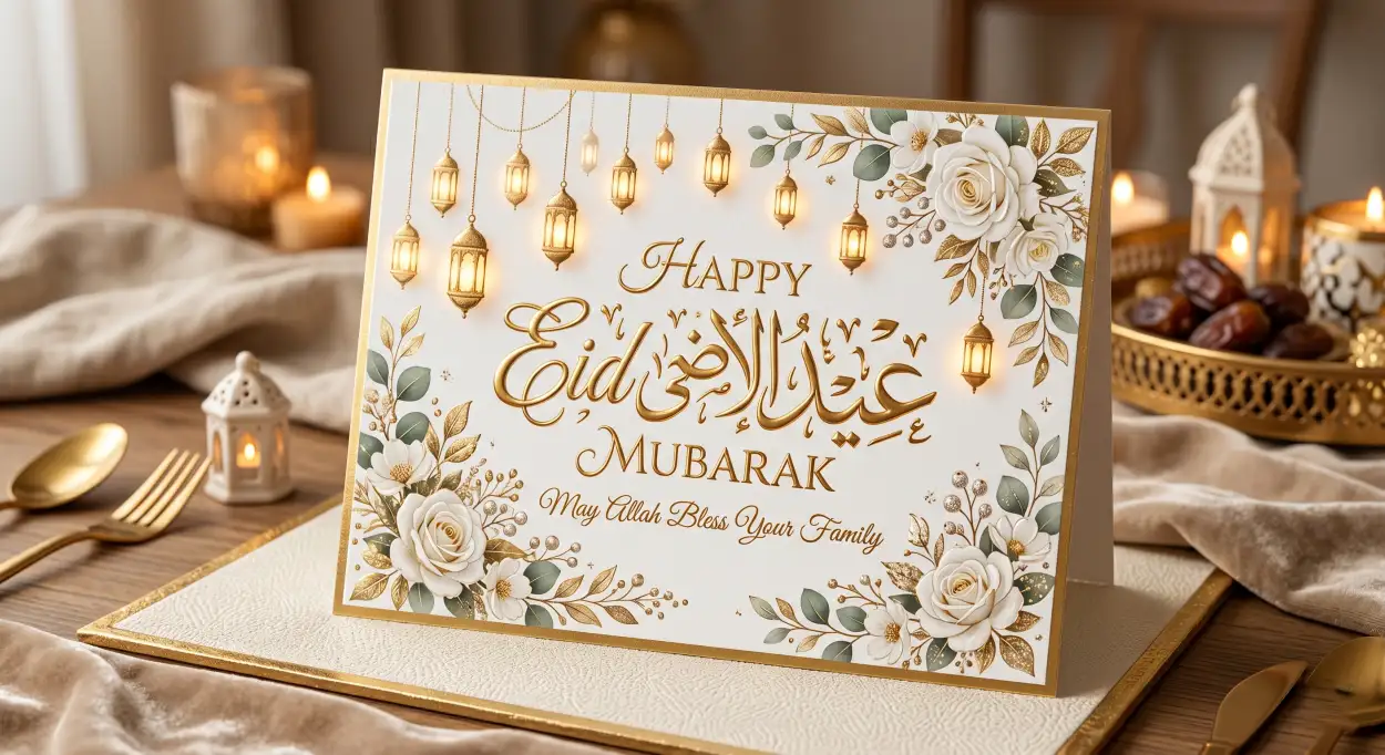 Free Download Eid Al Adha Greeting Card Gold Theme 2026 - High Quality Eid Al Adha Greeting Card 2026 Image