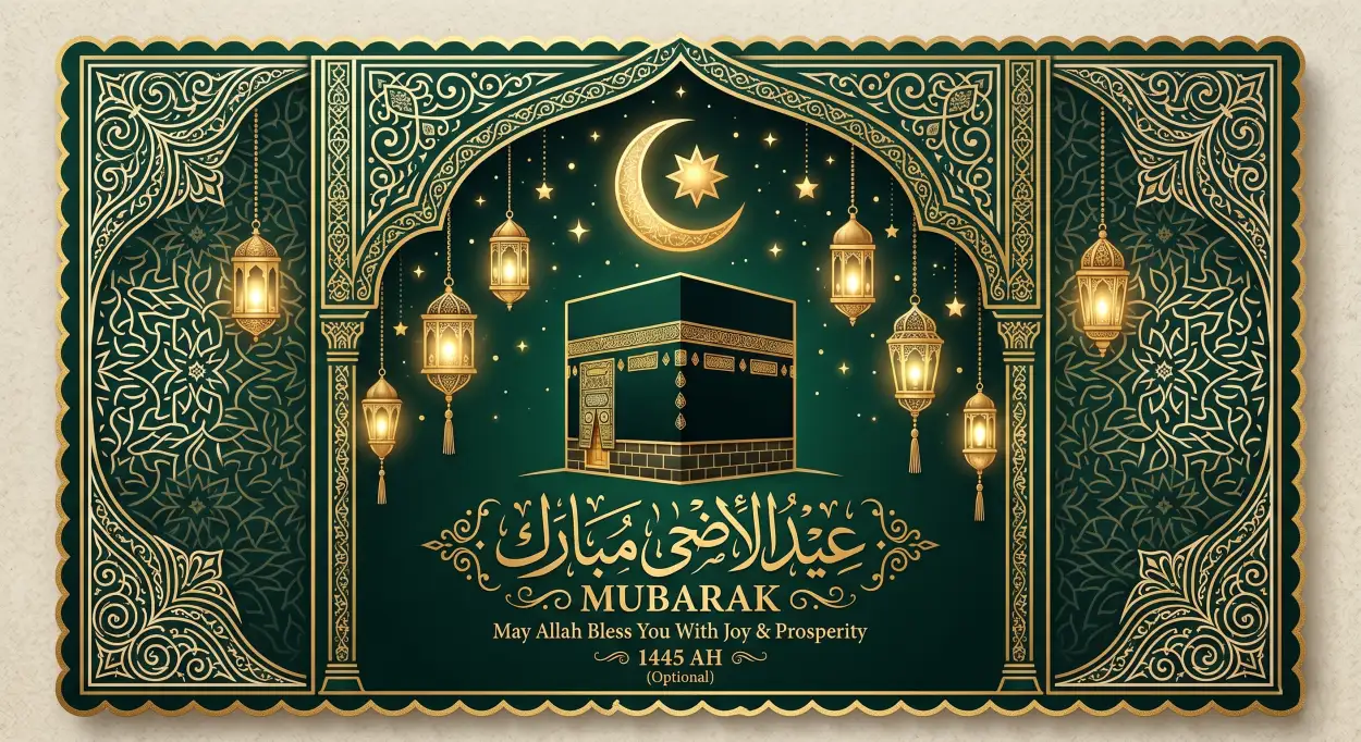 Free Download Eid Al Adha Greeting Card Green Theme 2026 - High Quality Eid Al Adha Greeting Card 2026 Image