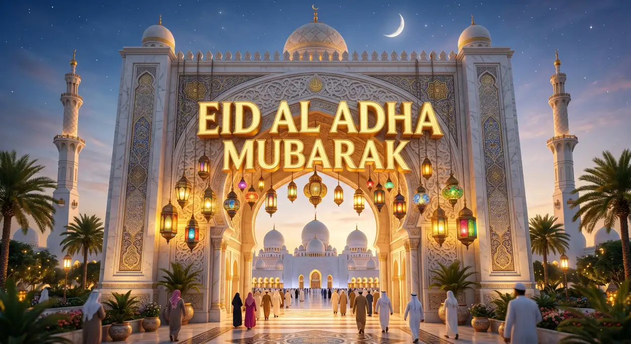 Free Download Eid Al Adha Greeting Card Realistic Design 2026 - High Quality Eid Al Adha Greeting Card 2026 Image