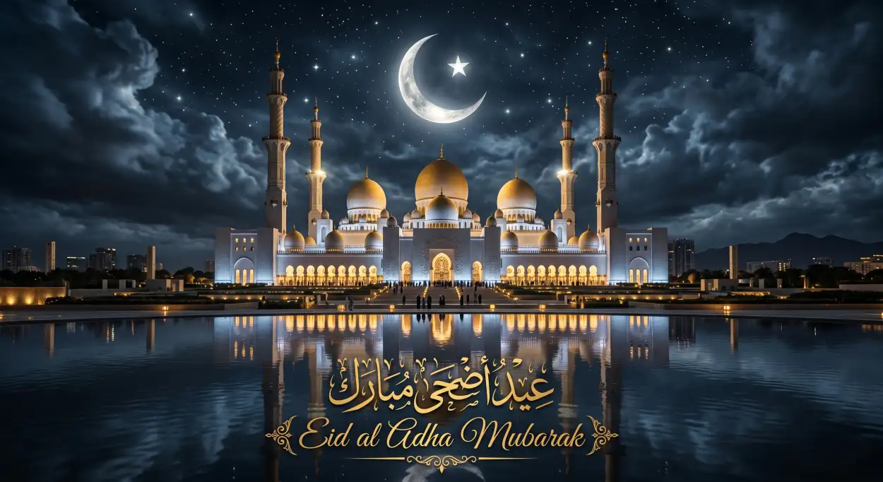 Free Download Eid Al Adha Mubarak 2026 Black And Gold Islamic Design - High Quality Eid Al Adha Mubarak 2026 Image