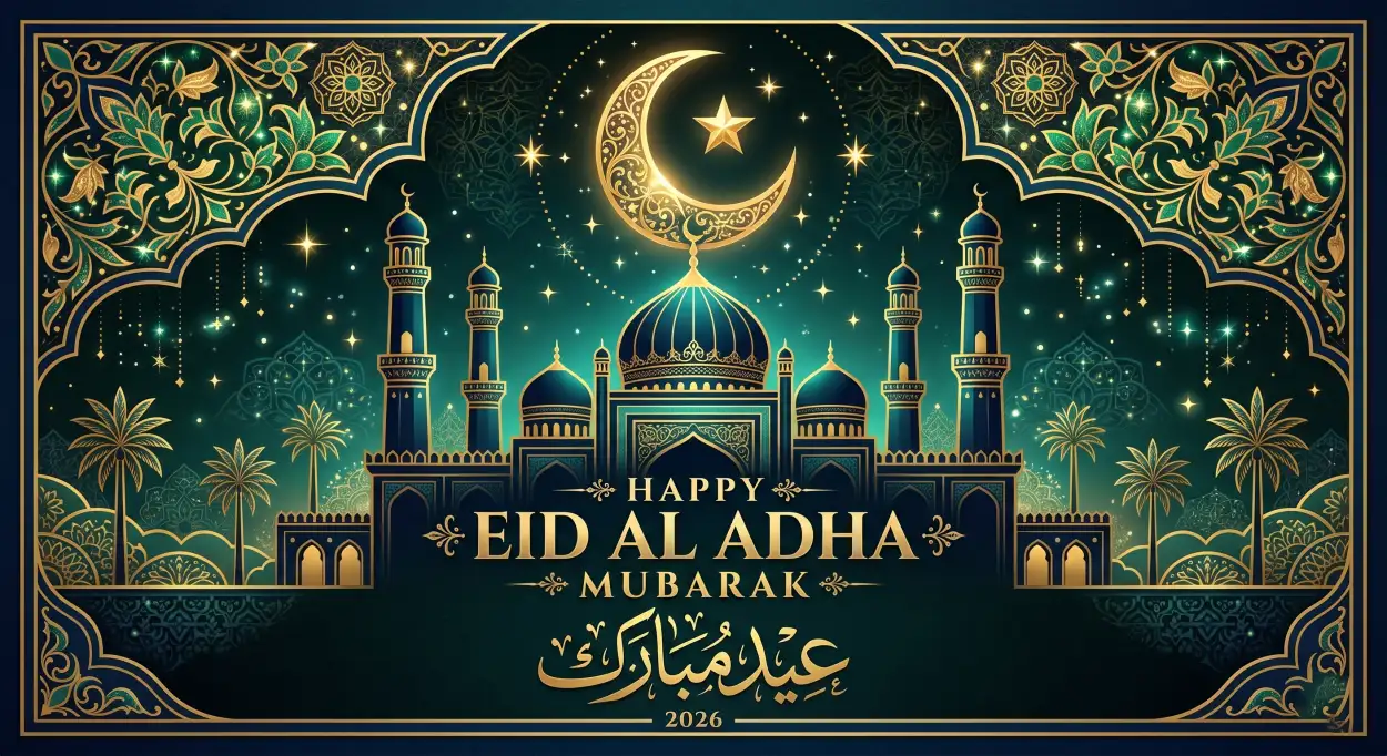 Free Download Eid Al Adha Mubarak 2026 Dark Blue Islamic Background - High Quality Eid Al Adha Mubarak 2026 Background Image