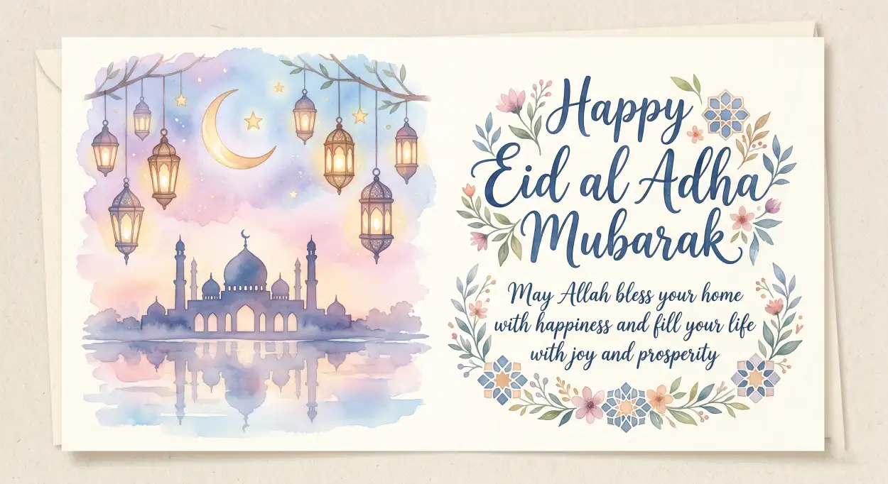 Free Download Eid Al Adha Mubarak 2026 Elegant Greeting Card Template - High Quality Eid Al Adha Mubarak 2026 Image