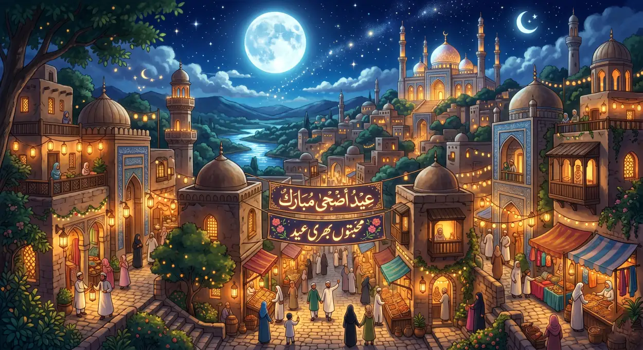Free Download Eid Al Adha Mubarak 2026 Moon And Mosque Wallpaper - High Quality Eid Al Adha Mubarak 2026 Image