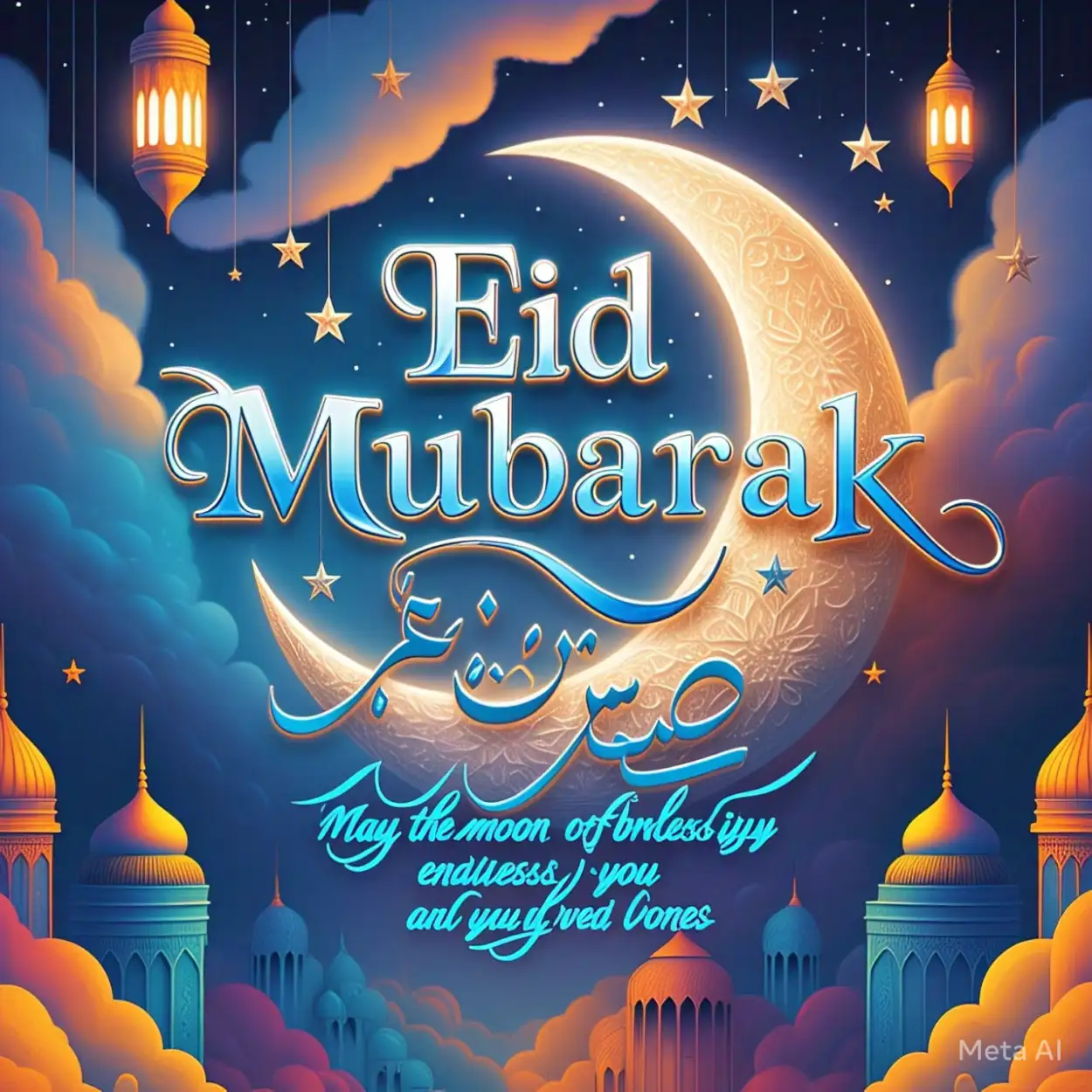 Eid Mubarak Wishes with Moon and Stars Theme