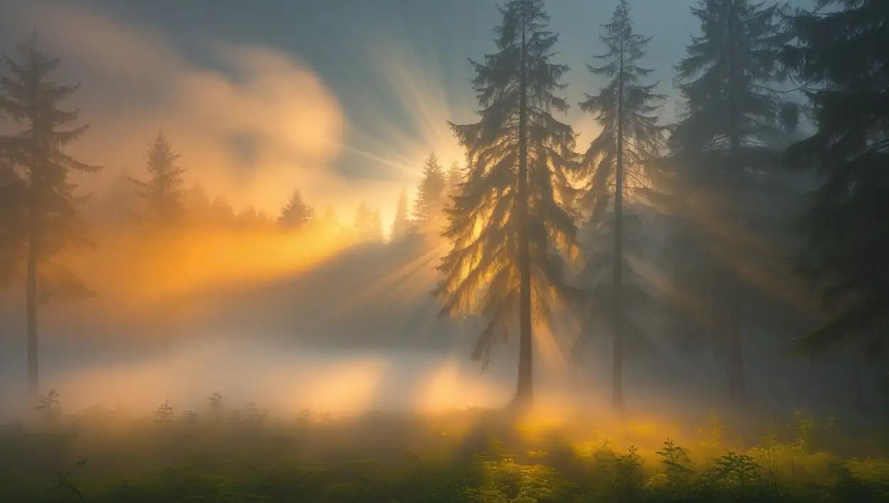fantasy foggy forest with light rays