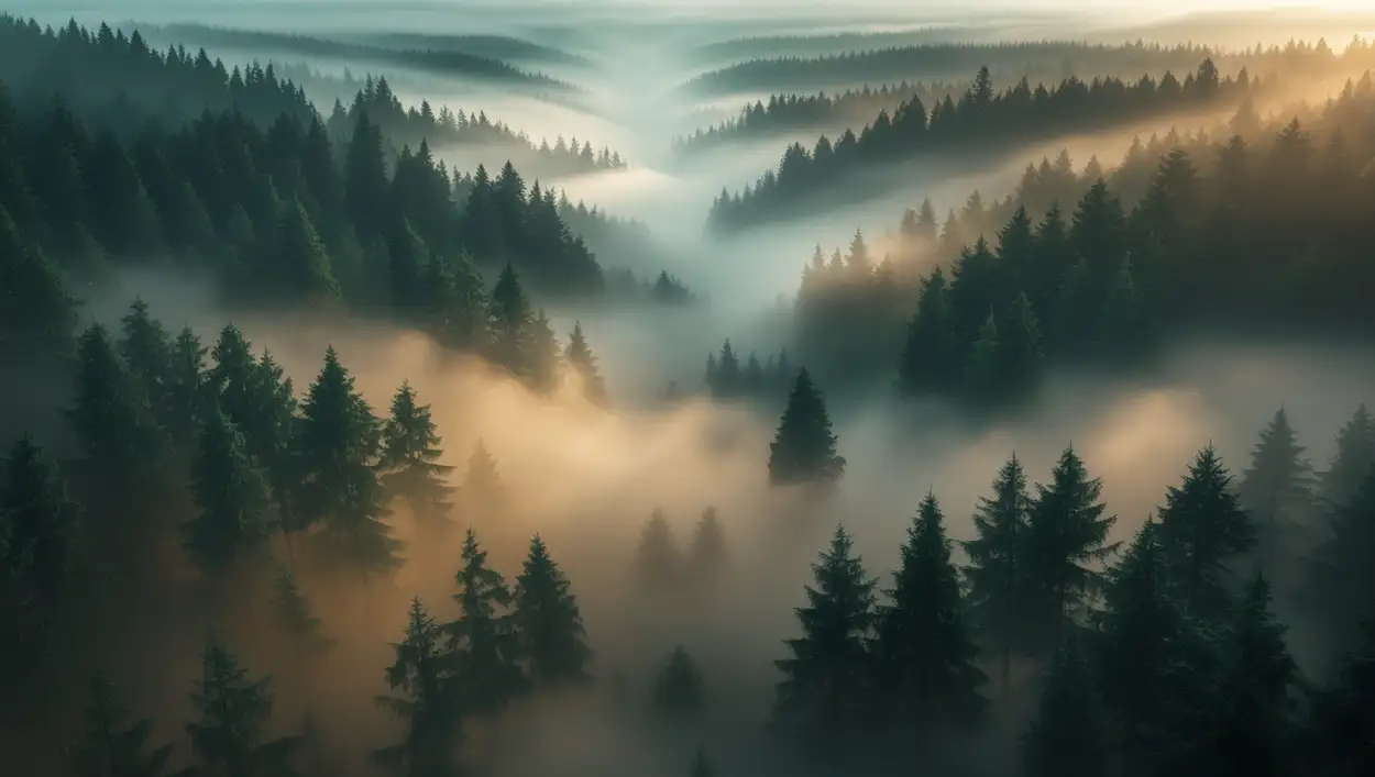 foggy pine forest nature scene wallpaper