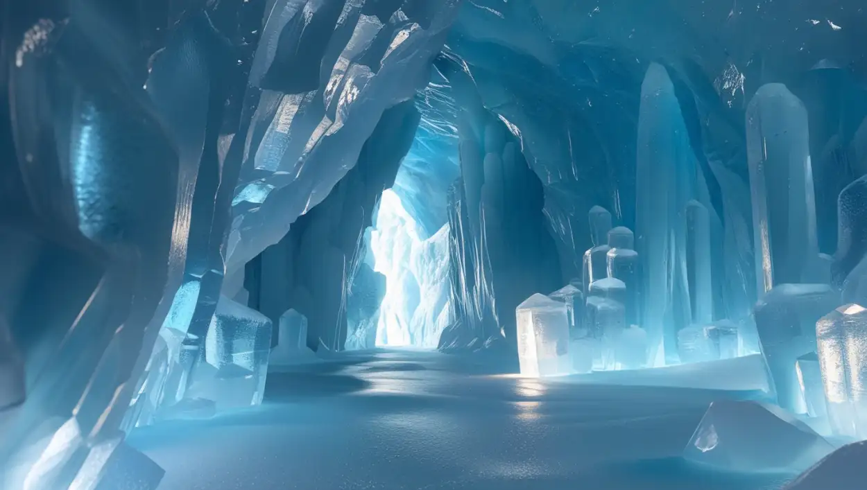 glacier ice cave glowing blue inside