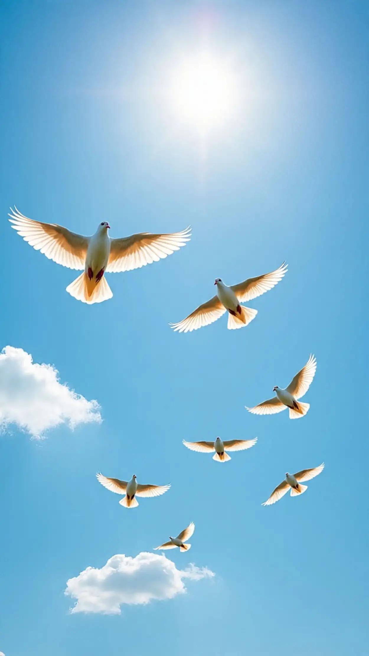 glowing effect white dove flying in blue sky