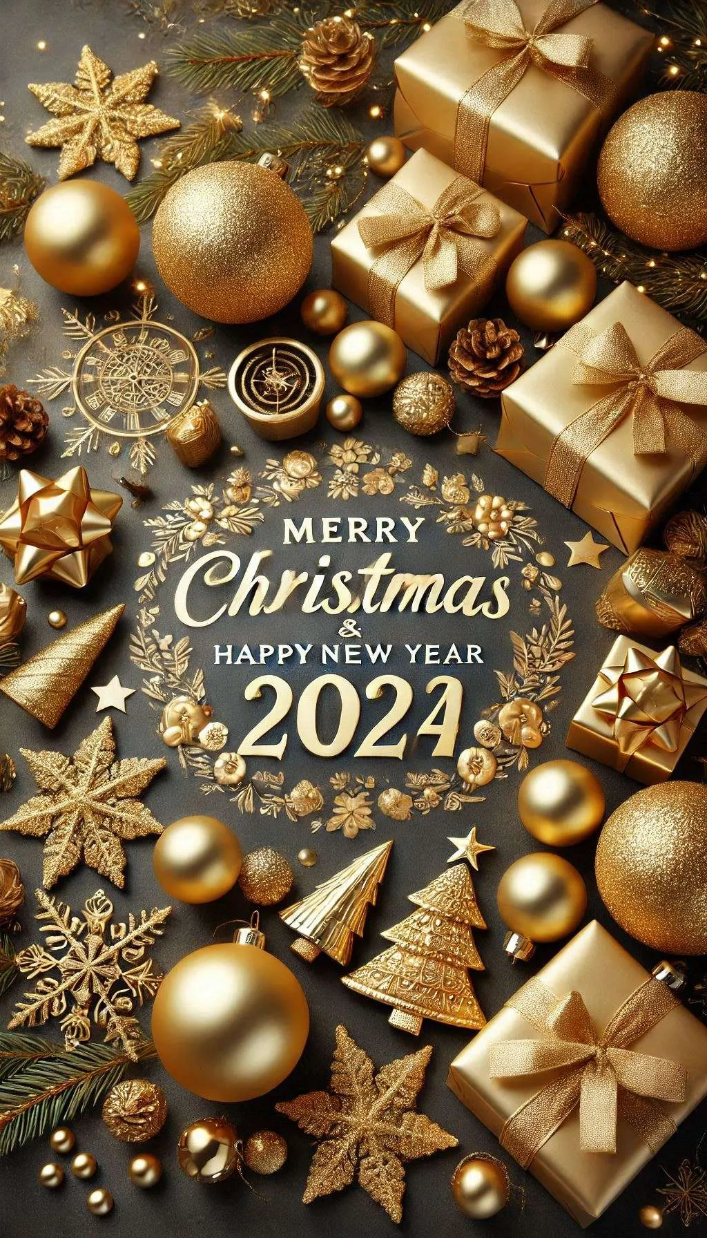 Golden Merry Christmas And Happy New Year 2024 Decorations Backgrou Golden Merry Christmas And Happy New Year 2024 Decorations Backgrou