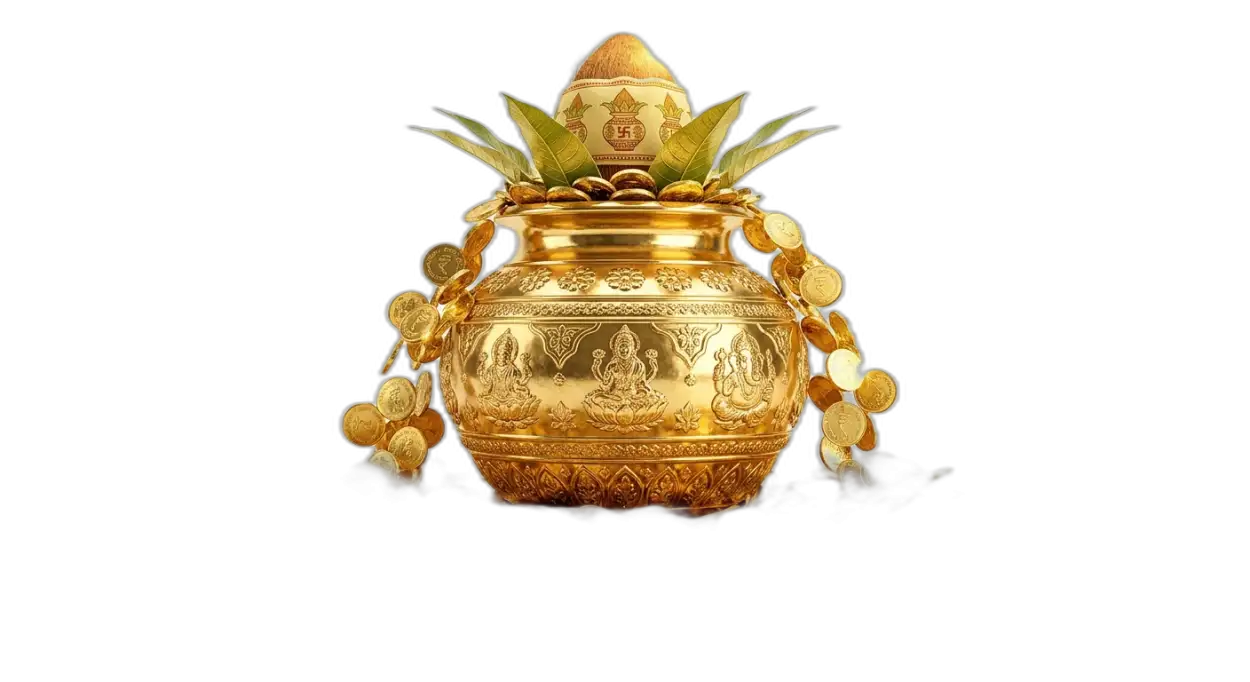 Free Download Golden Puja Pot With Coins Png Clipart Hd - High Quality Golden Puja Kalash With Gold Coins Png Transparent PNG