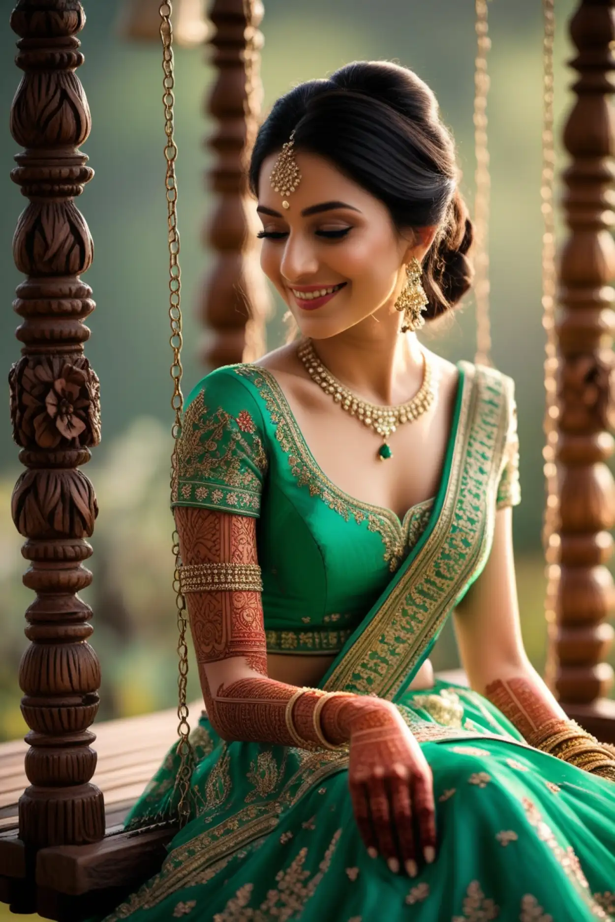 green saree with latest teej mehndi 2025