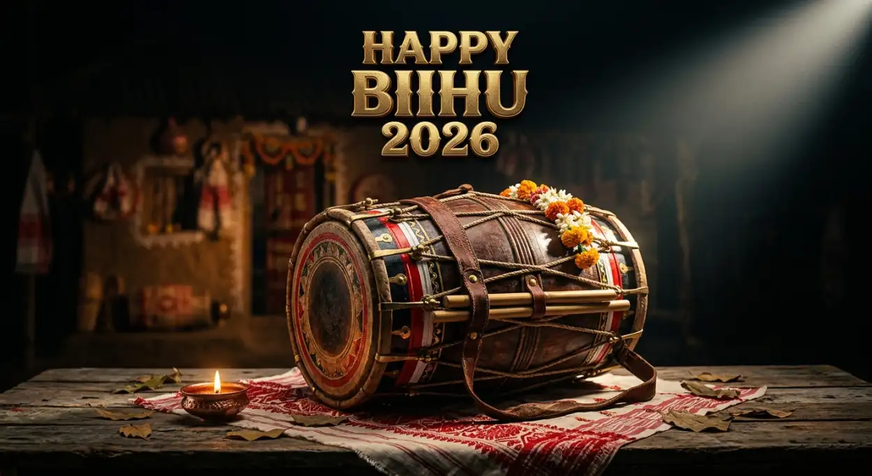 Free Download Happy Bihu 2026 Wishes With Dhol Pepa Png - High Quality Happy Bihu 2026 Wishes Transparent PNG