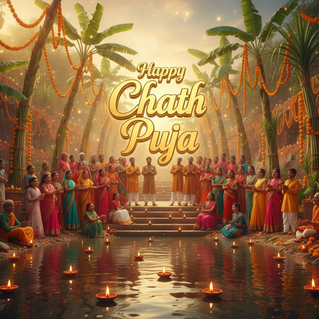 happy chhath puja 2025 festival hd photo with diya reflection