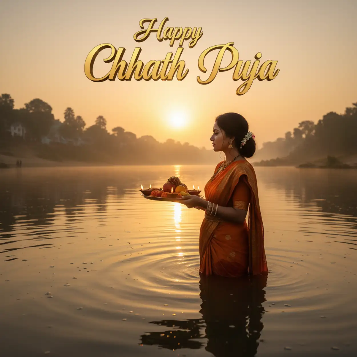happy chhath puja 2025 greetings with sun and river view