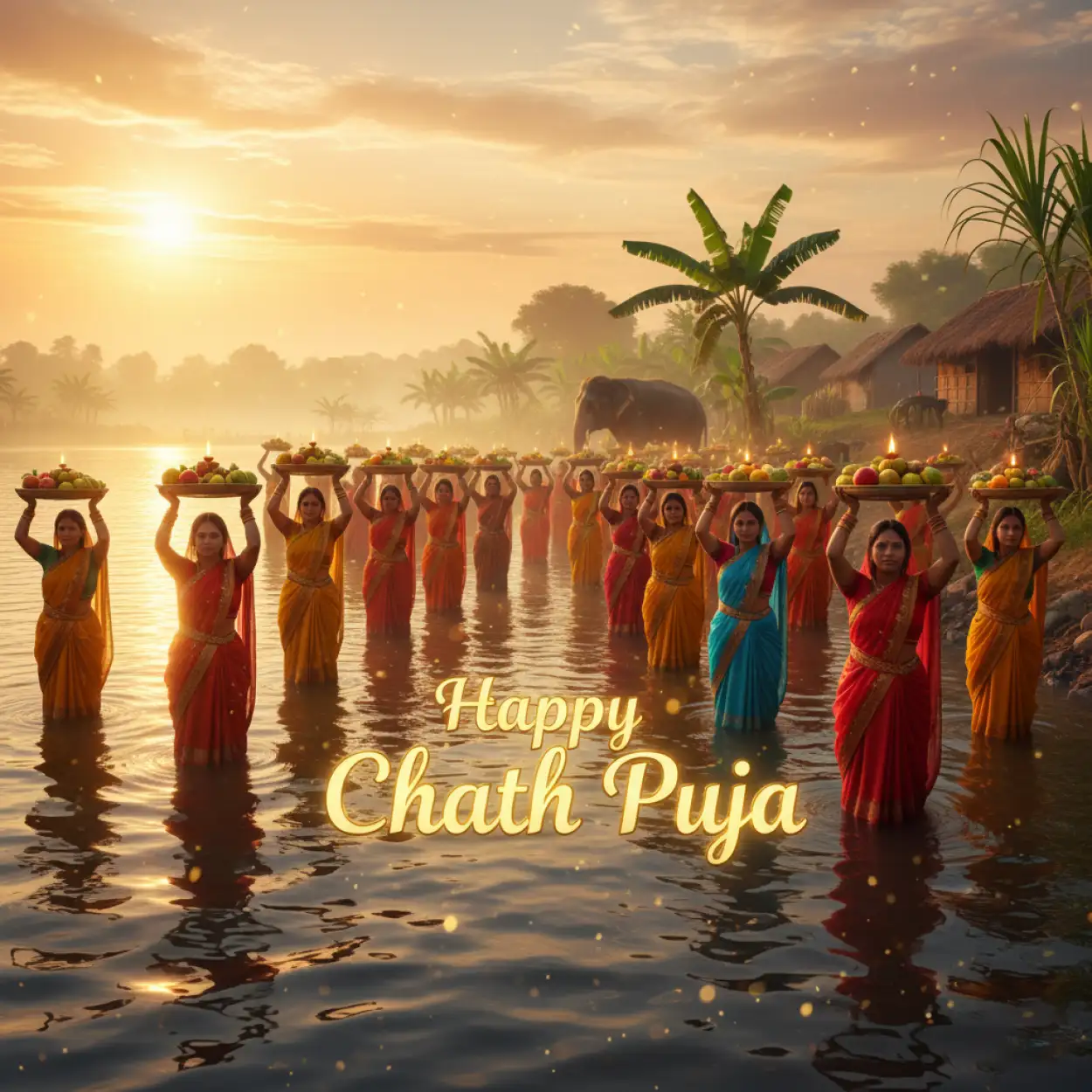 happy chhath puja 2025 images of women performing puja near river