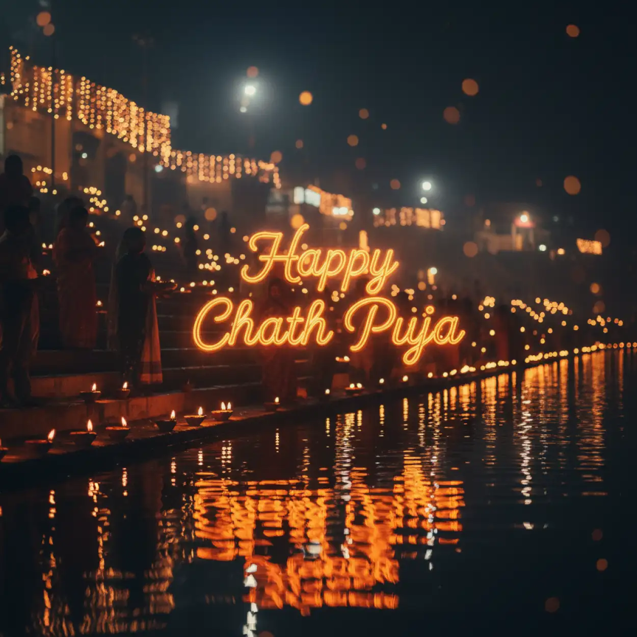 happy chhath puja 2025 wishes with diya and river