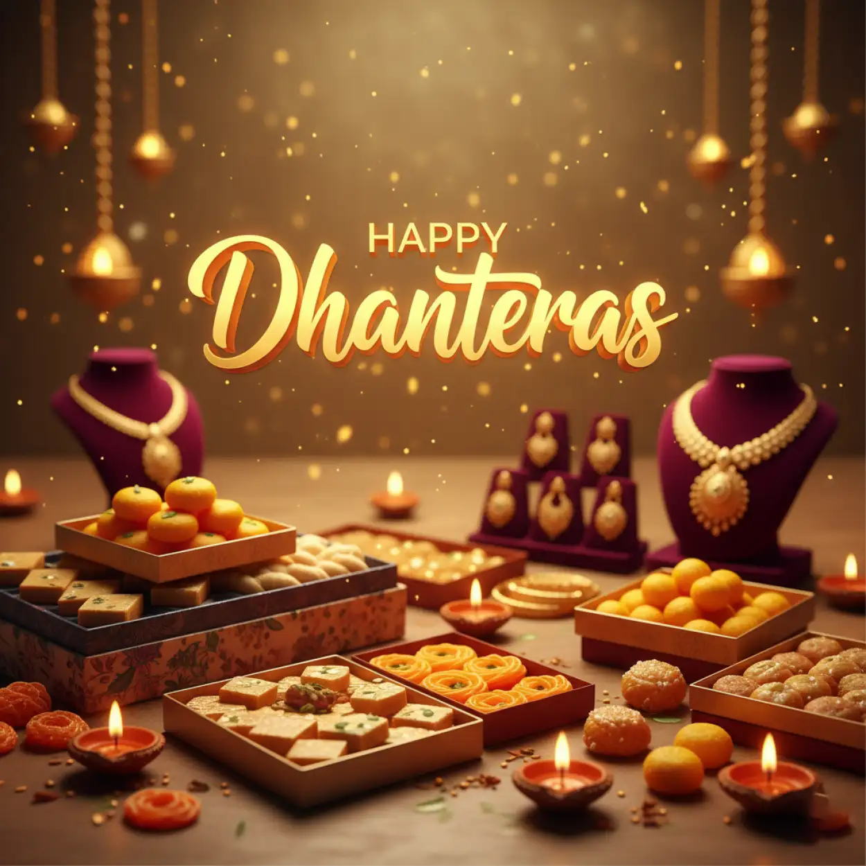 happy dhanteras wishes with sweets and gifts