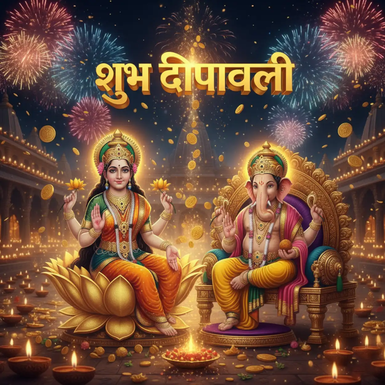 happy diwali animation with lakshmi ganesh and diyas
