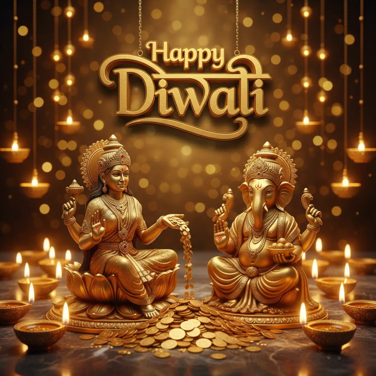 happy diwali celebration with lakshmi ganesh and rangoli