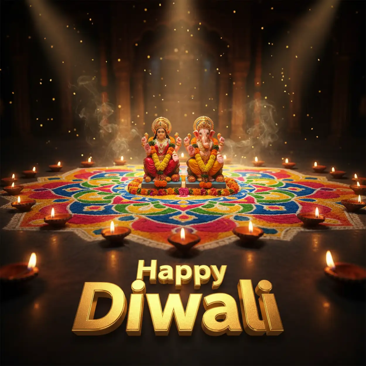 happy diwali greeting with lakshmi ganesh and diya