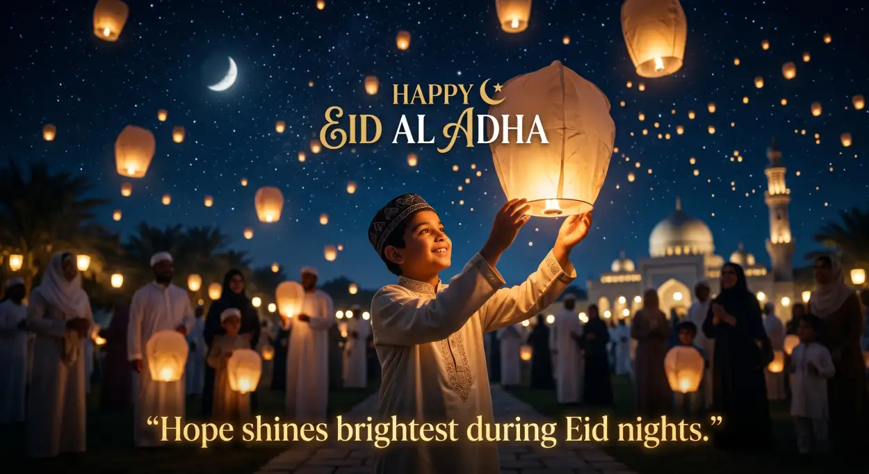 Free Download Happy Eid Al Adha Quotes With Lantern Design - High Quality Happy Eid Al Adha With Quotes Image