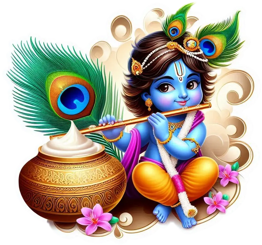 happy krishna janmashtami png for social media posts with dahi handi flute peacock feather and baby krishna eating butter