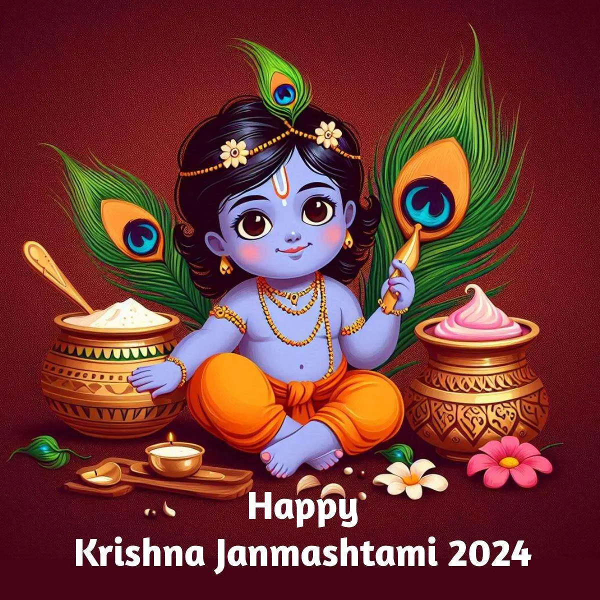 happy krishna janmashtami wallpaper with curd pot and peacock feather