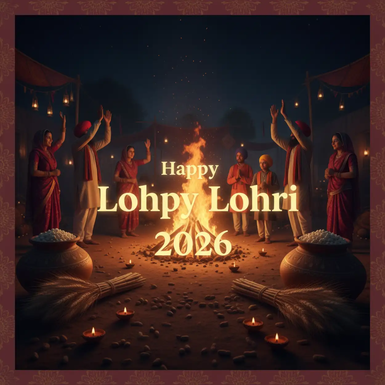 happy lohri 2026 greetings with bonfire