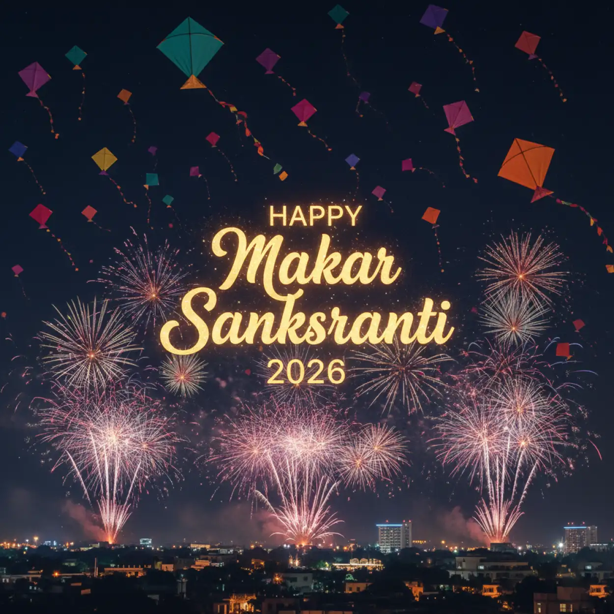 happy makar sankranti 2026 colorful kites blue sky background