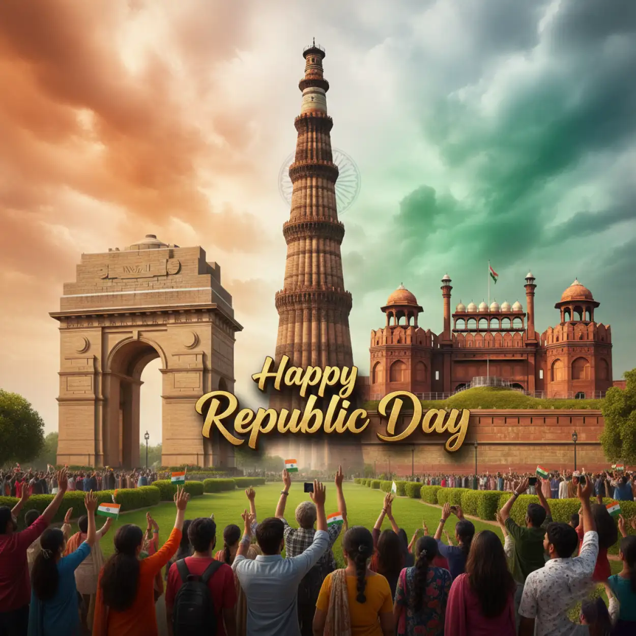 happy republic day wishes with patriotic images and tricolor background