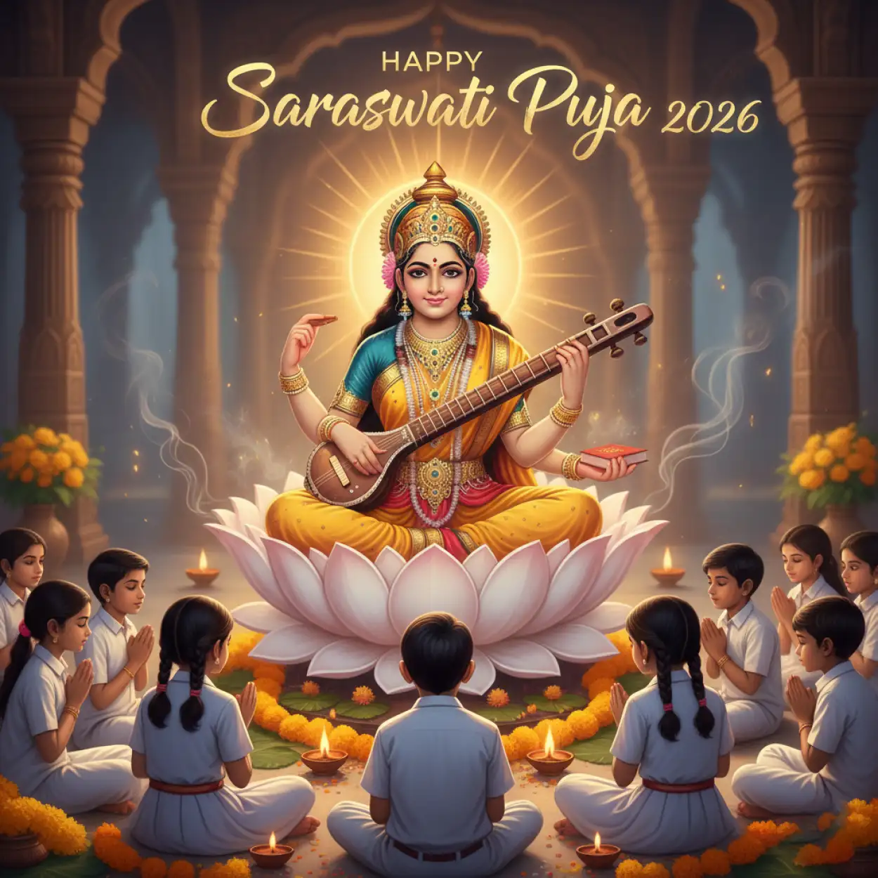 happy saraswati puja 2026 hindu festival poster