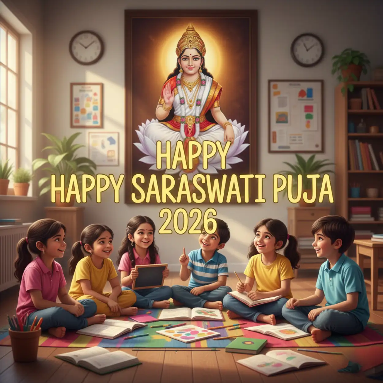 happy saraswati puja 2026 kids illustration