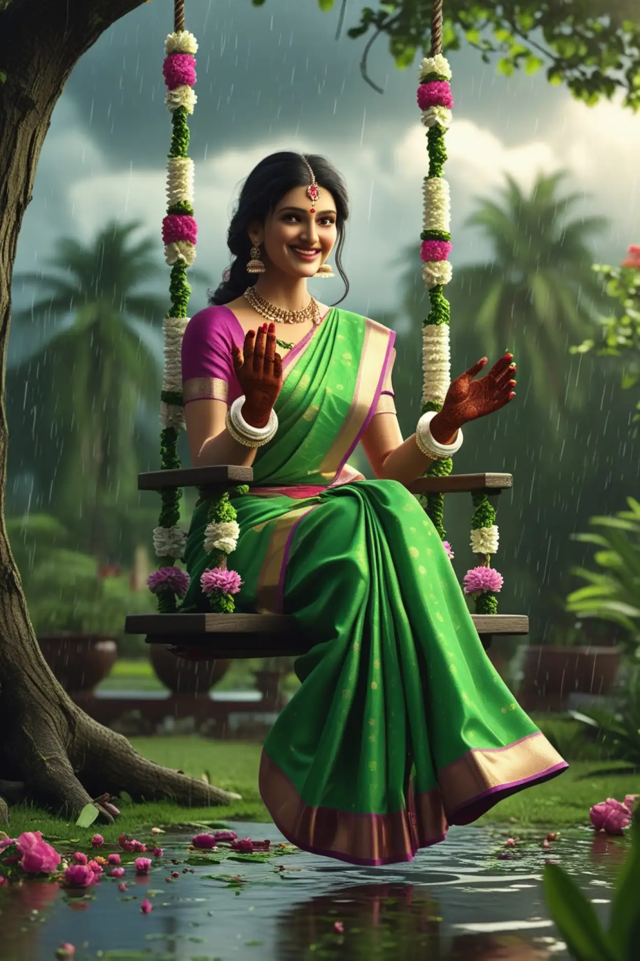 Happy Teej green leaves background