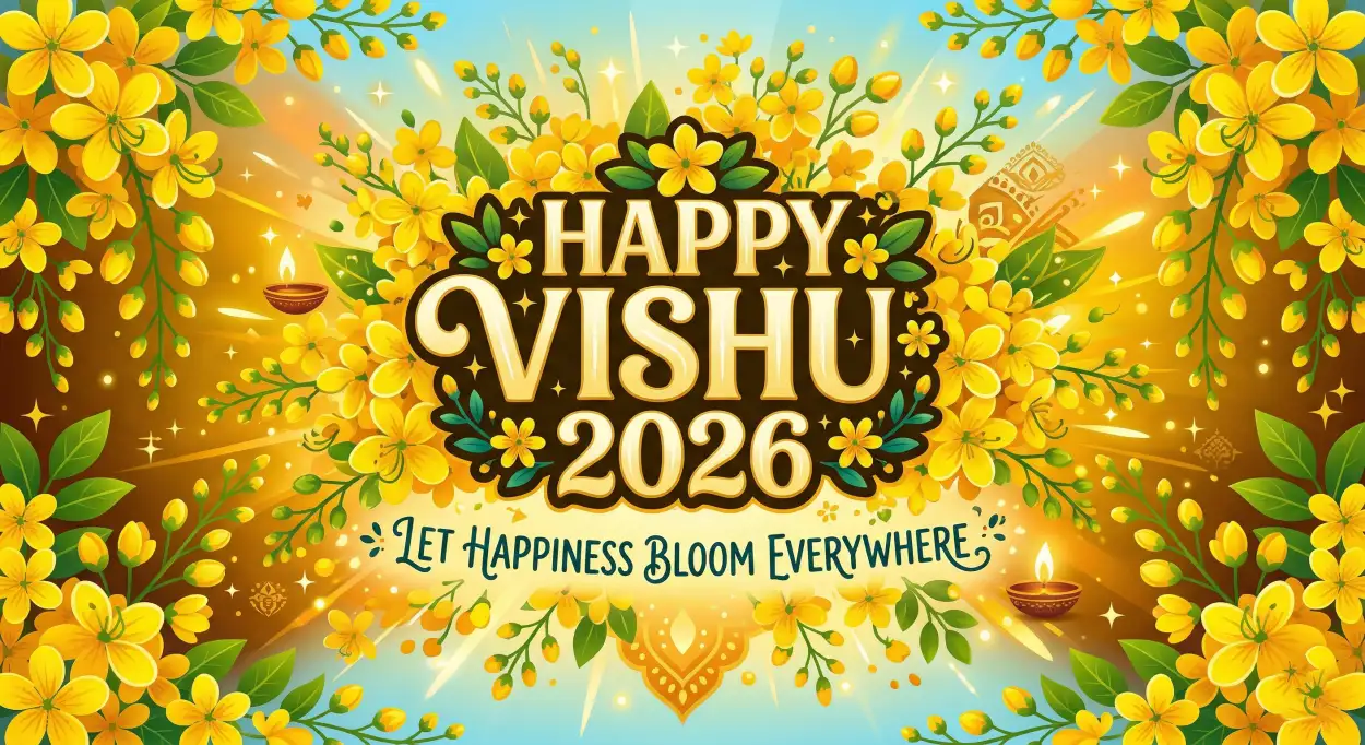 Free Download Happy Vishu 2026 Wishes Yellow Flower Konna Theme - High Quality Happy Vishu 2026 Wishes Image