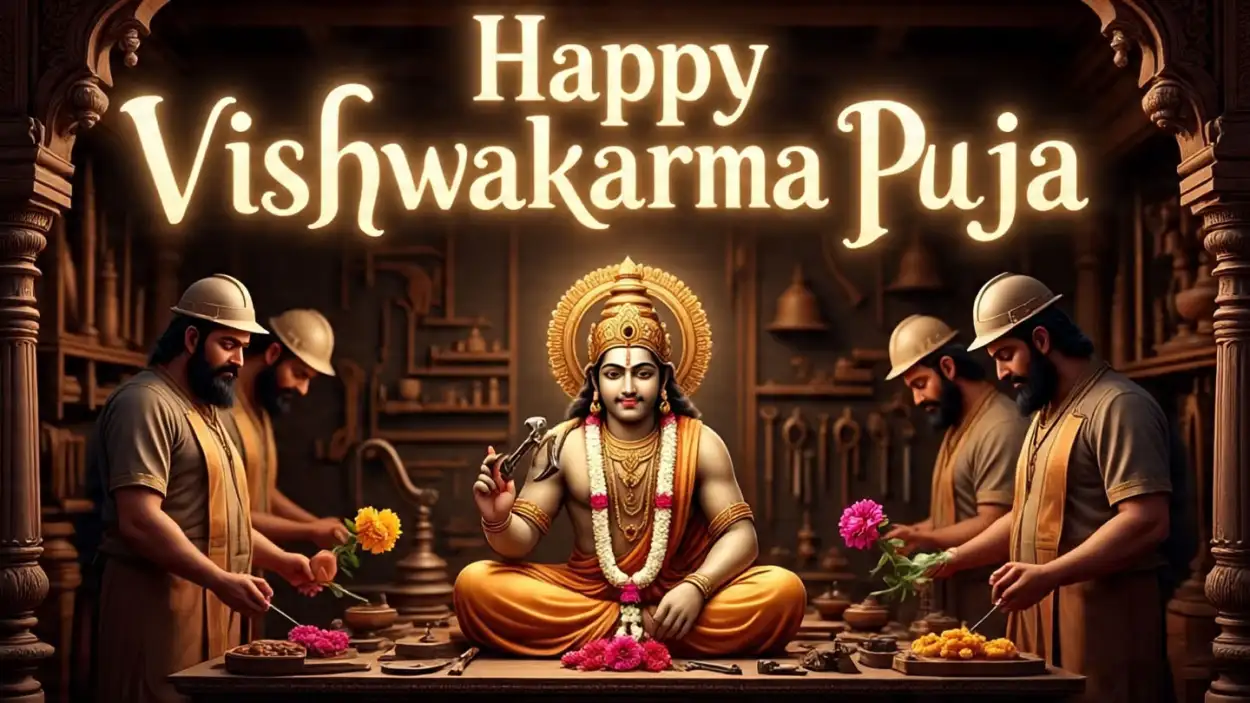 Free Download Happy Vishwakarma Puja Wishes With Temple Background - High Quality Happy Vishwakarma Puja Wishes Background