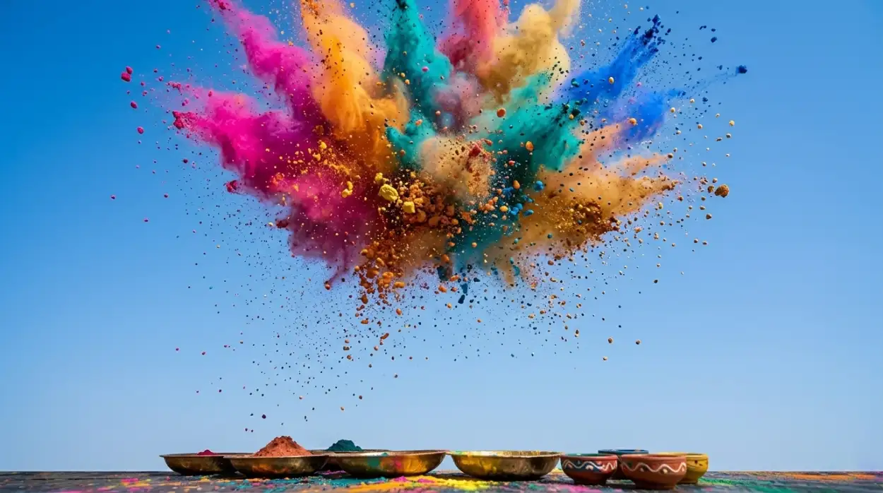 holi poster background with blue sky