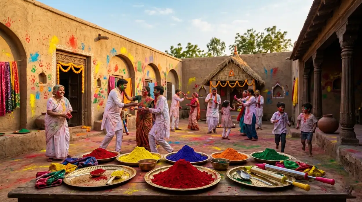 holi poster background with dhol and colors