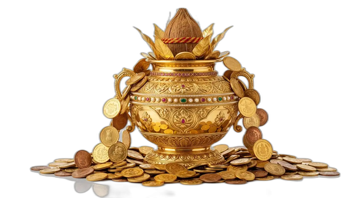 Free Download Indian Golden Kalash With Coins Png Hd - High Quality Golden Puja Kalash With Gold Coins Png Transparent PNG