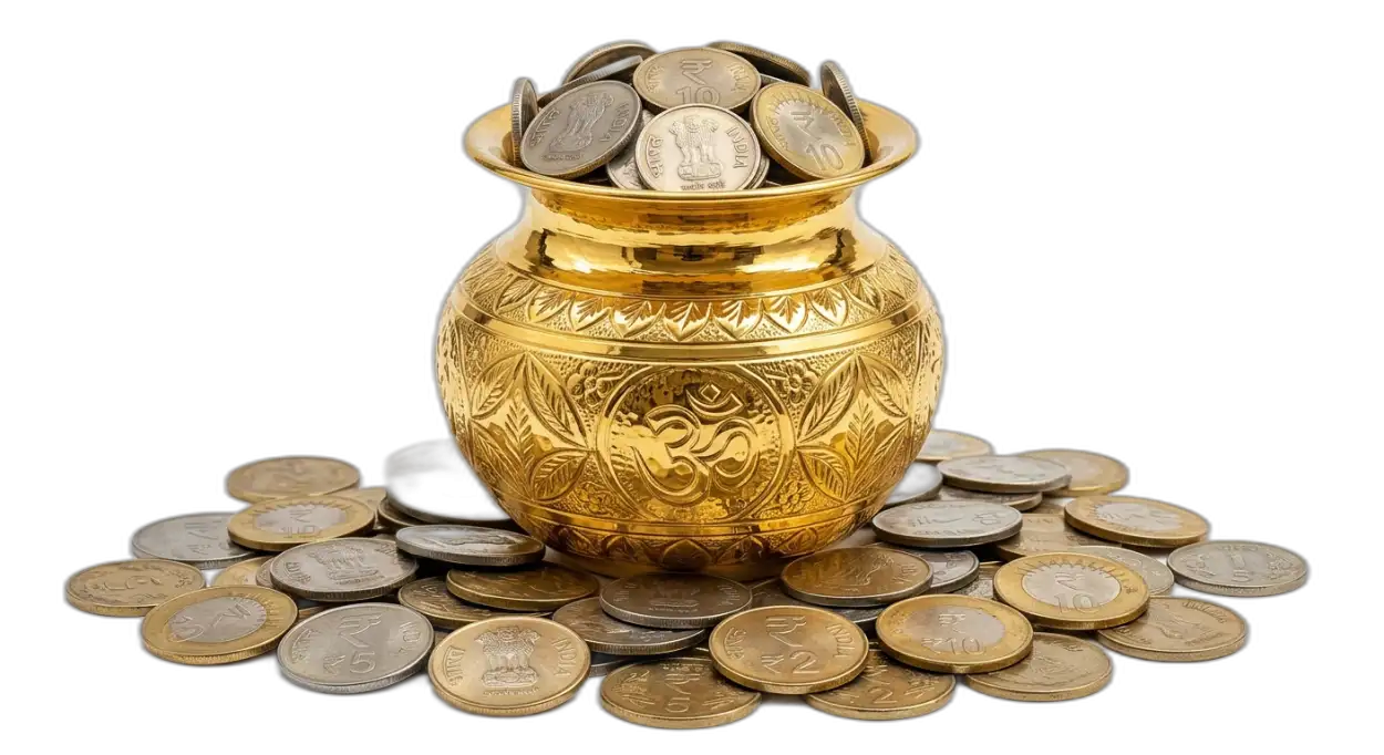 Free Download Kalash Full Of Gold Coins Png Hd - High Quality Golden Puja Kalash With Gold Coins Png Transparent PNG