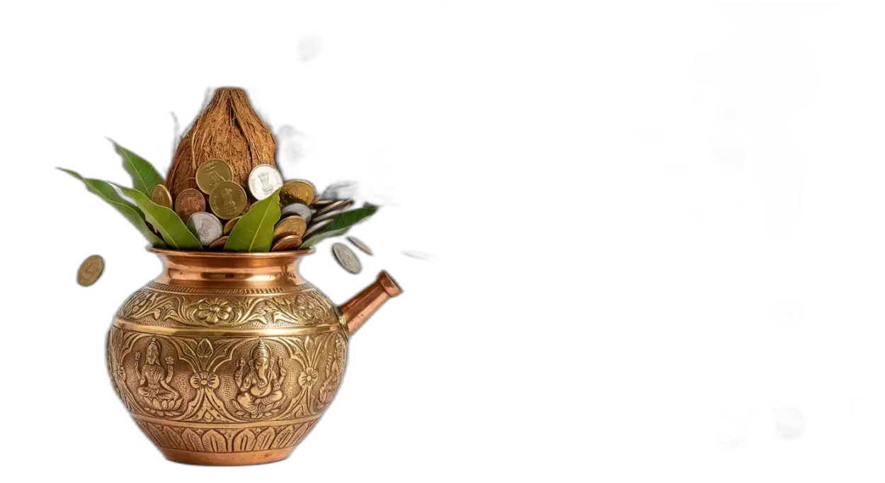 Free Download Kalash With Coins And Coconut Png Image - High Quality Golden Puja Kalash With Gold Coins Png Transparent PNG