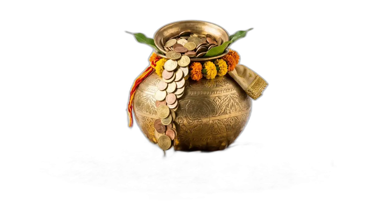 Free Download Kalash With Gold Coins And Flowers Png Hd - High Quality Golden Puja Kalash With Gold Coins Png Transparent PNG