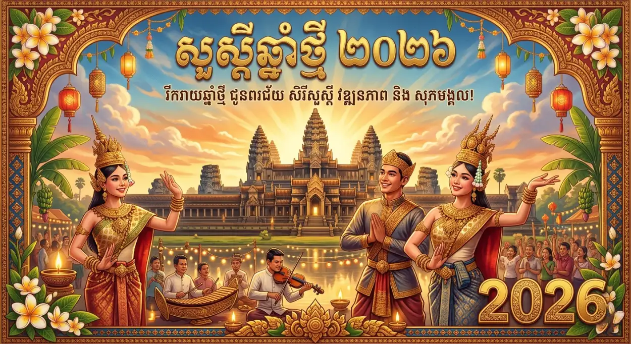 Free Download Khmer New Year Golden Theme Poster - High Quality Khmer New Year Wishes Poster 2026 Image