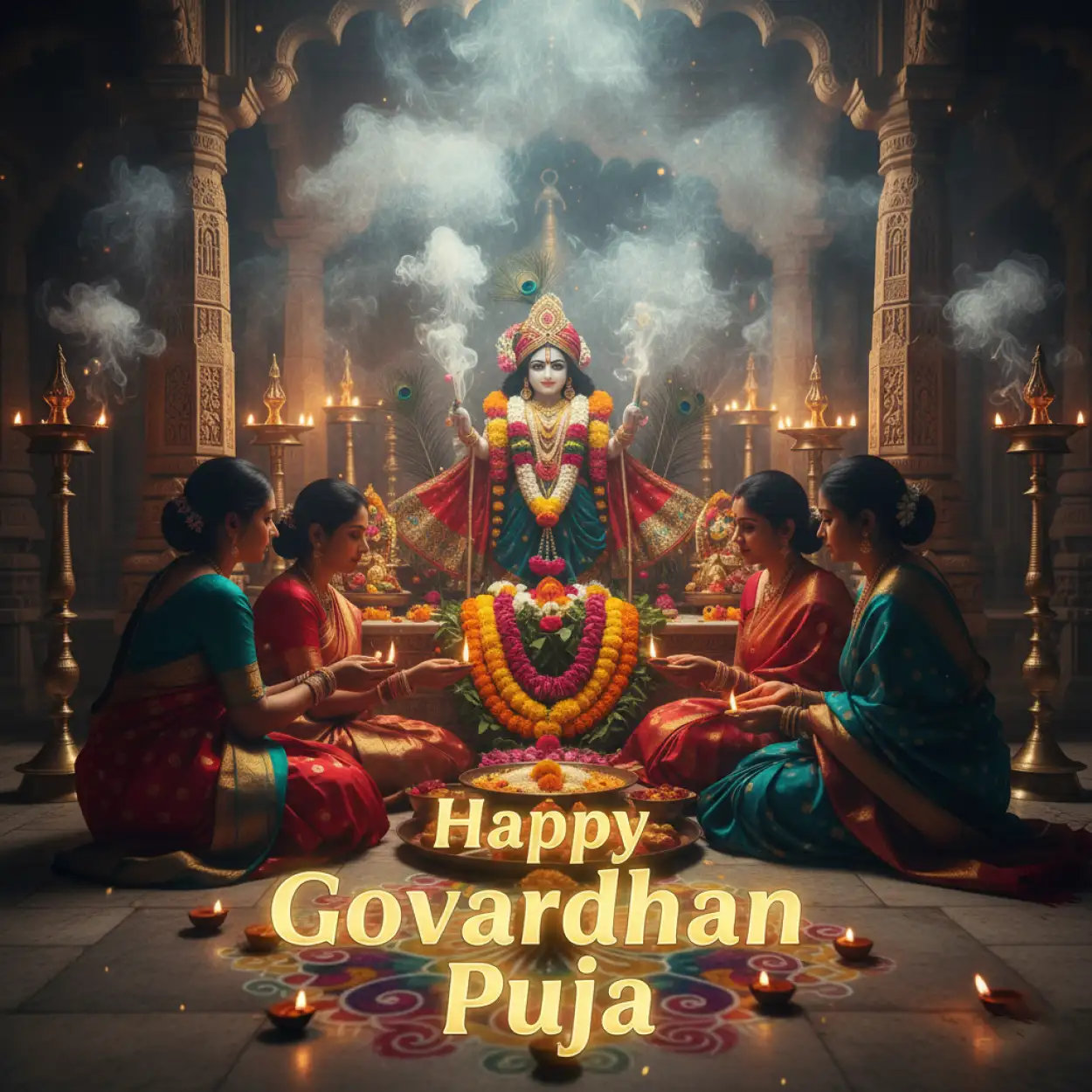 Krishna Idol Surrounded By Glowing Candles And Flowers - Royalty Free Happy Govardhan Puja 2025 Image | Pngmagic Free Download Krishna Idol Surrounded By Glowing Candles And Flowers - High Quality Happy Govardhan Puja 2025 Background