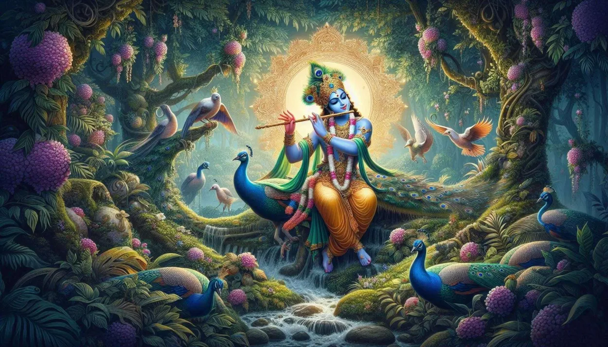 Free Download Lord Krishna Playing His Flute, Surrounded By Lush Greenery And Peacocks - High Quality Krishna Background