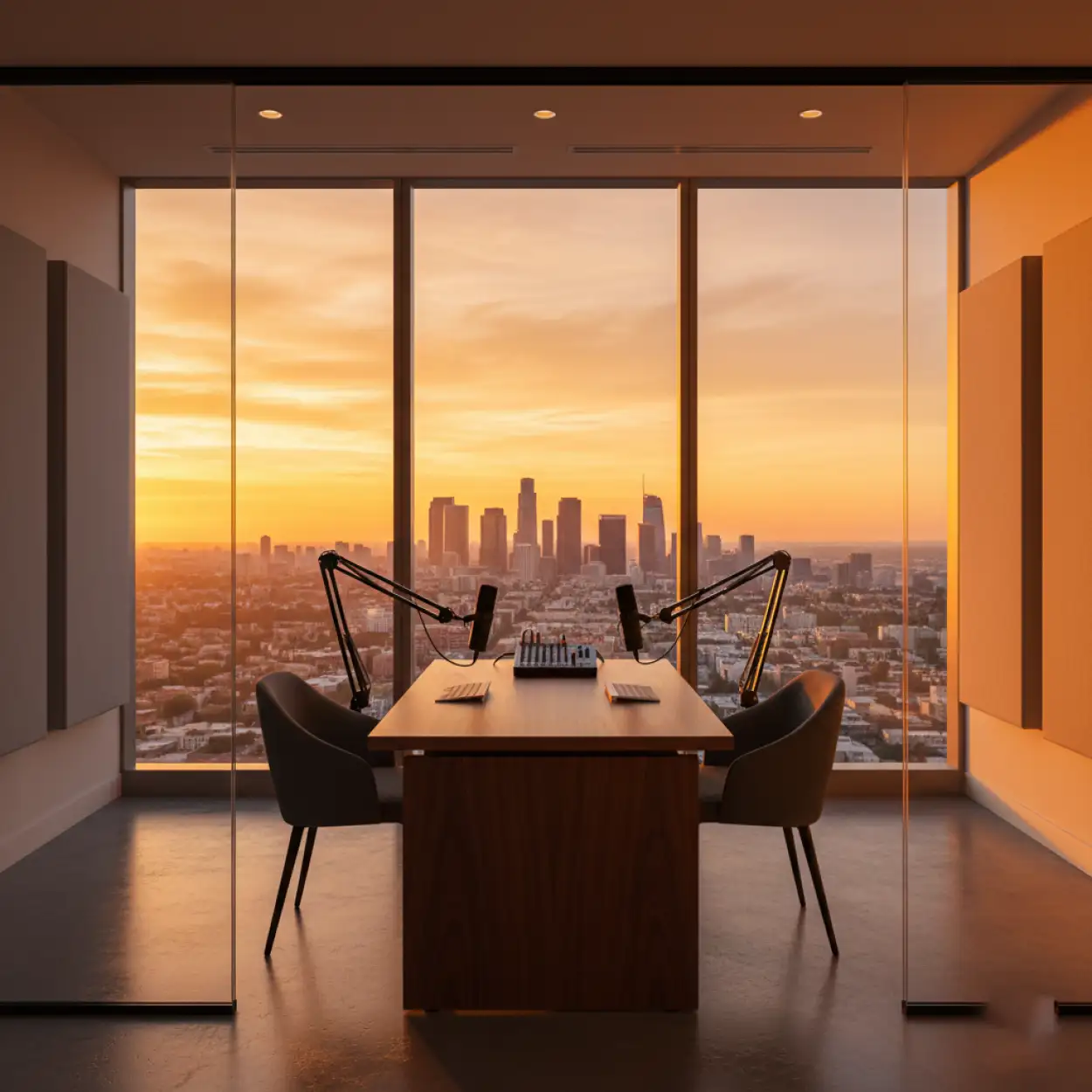 Free Download Luxury Corporate Podcast Studio Background With City Skyline View - High Quality Podcast Studio Background Background